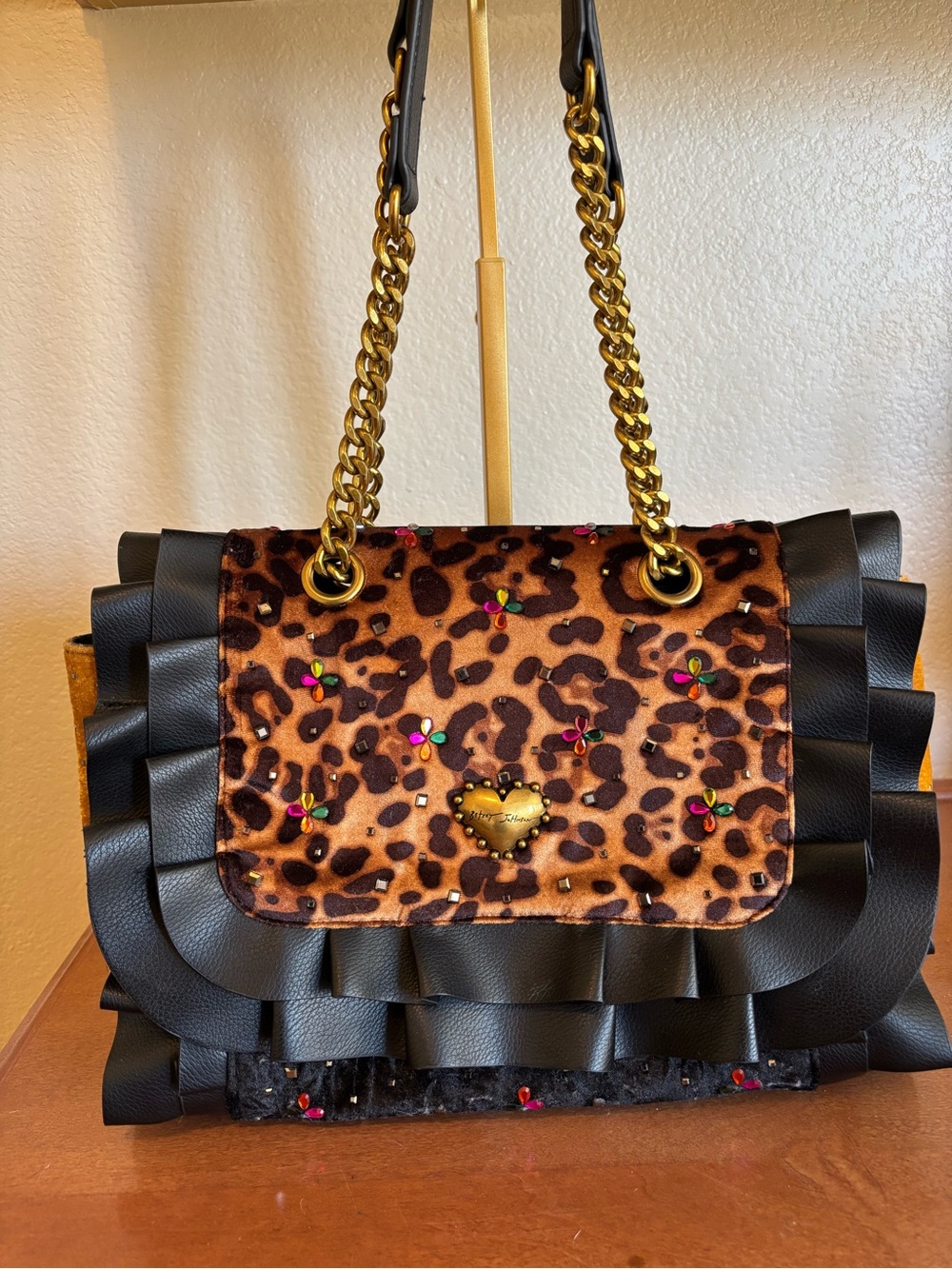 Betsey Johnson Vintage Y2K Leopard Print Ruffled Shoulder Bag with Gold Heart